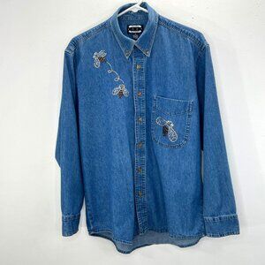 Vintage Chambray Denim Shirt M Women Bumblebee Rhinestone Bling Long Sleeve
